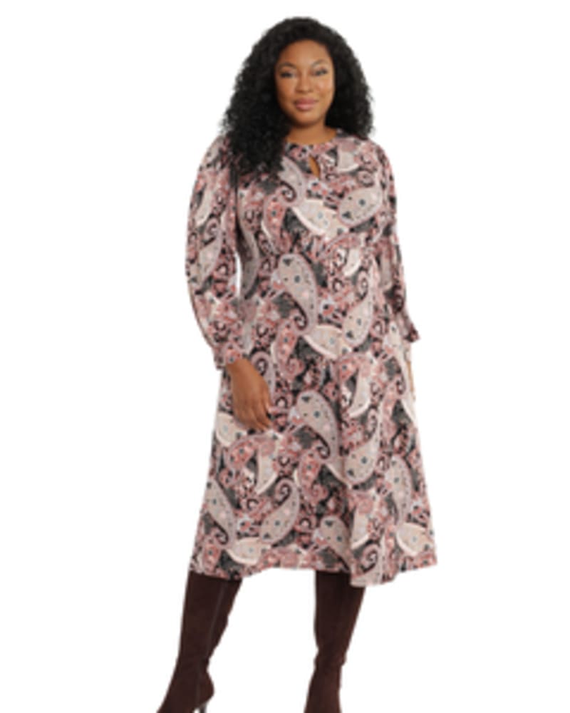 Front of a model wearing a size 14W Paisley-Print Keyhole Midi Dress in Black/Rust by London Times. | dia_product_style_image_id:254943